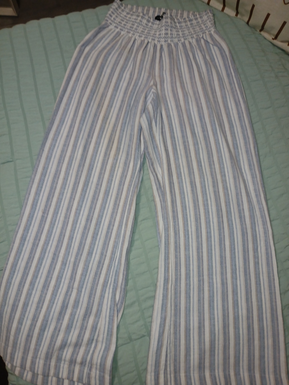 Smocked-Waist Wide Leg Pants in Blue and White Stripe
